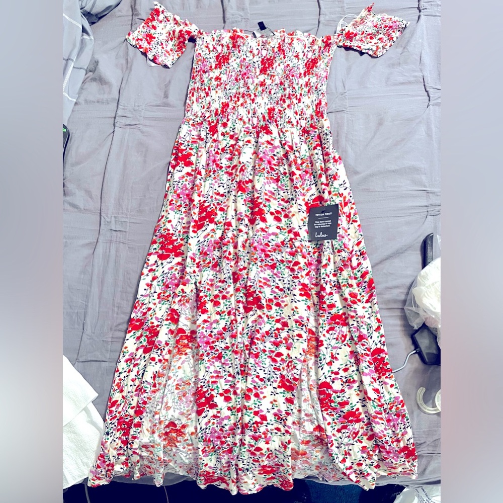 LULUS View from the Meadow Cream Floral Print Off-the-Shoulder Dress size M NWT - Picture 6 of 12
